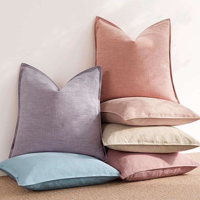 Foindtower Linen Solid Decorative Throw Pillow Covers 18x18 Inch Coral Pink | Pack of 2 Boho Farmhouse Neutral Pillowcase,Soft Euro Accent Cushion Covers,Home Decor for Bed Couch Sofa Bedroom Living Room
