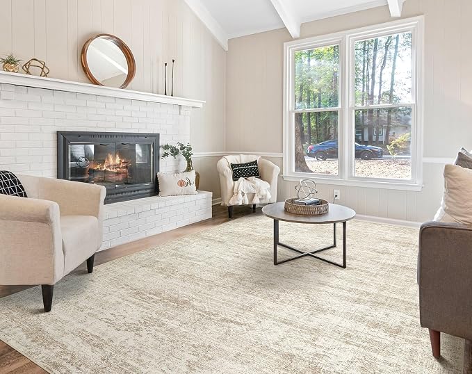 UERMEI 10x14 Washable Area Rug - Neutral Modern Abstract Living Room Rugs, Non-Slip Soft Large Indoor Floor Carpet for Bedroom Home Office & Under Dining Table Decor, Beige/Brown