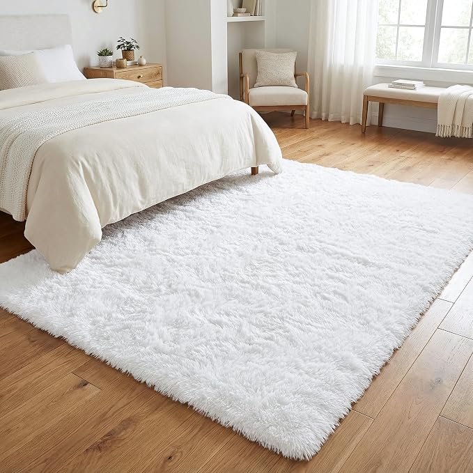 Soft Modern Indoor Large Shaggy Rug for Livingroom Bedroom Dorm Kids Room Home Decorative, Non-Slip Plush Fluffy Furry Fur Area Rugs Comfy Nursery Accent Floor Carpet 8x10 Feet, White