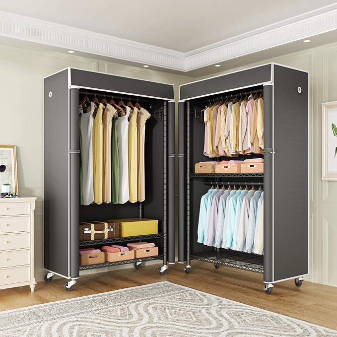 FUTASSI Black Clothing Rack with Dark Gray Cover, P1C Rolling Closets | Metal Garment Rack for Hanging Clothes, Clothing Storage Wardrobe, with Wheels