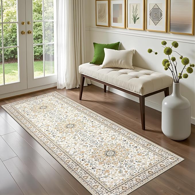 Hallway Runner Rug: 2.6x8 Kitchen Boho Rugs for Living Room Beige | Runner Rug Hallway Washable Rug No Slip Soft Bedroom Rug Indoor Floor Stain Resistant Carpets for Entryway, Laundry, Bathroom