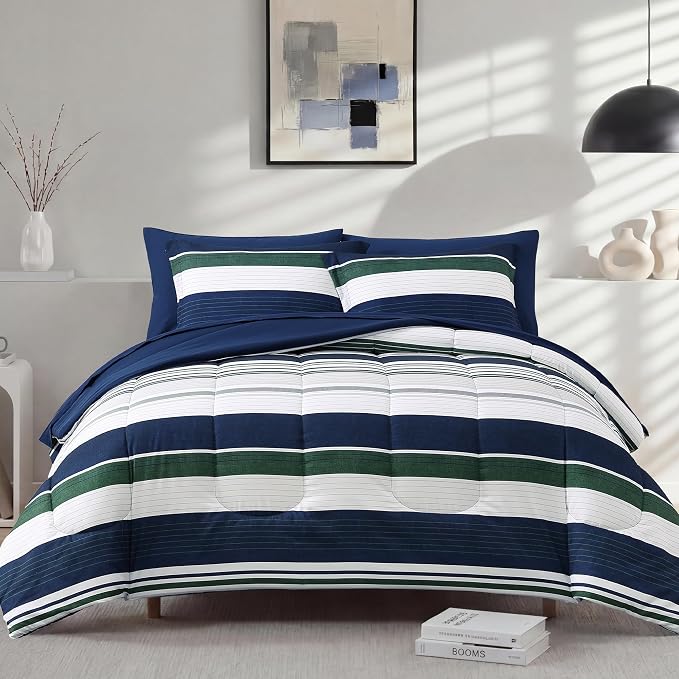 Monbix Queen Comforter Set-7 Pieces Striped Bed in a Bag Queen Bedding Sets | All Season Indigo Blue Reversible Soft Comforter Bed Set with Sheets, Pillowcases & Shams