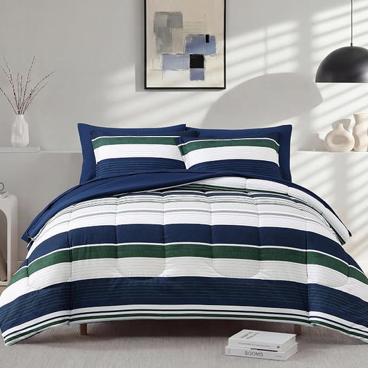 Monbix Full Size Comforter Sets - 7 Pieces Bed in a Bag Full Bedding Set | All Season Indigo Blue Striped Reversible Soft Comforter Bed Set with Sheets, Pillowcases & Shams