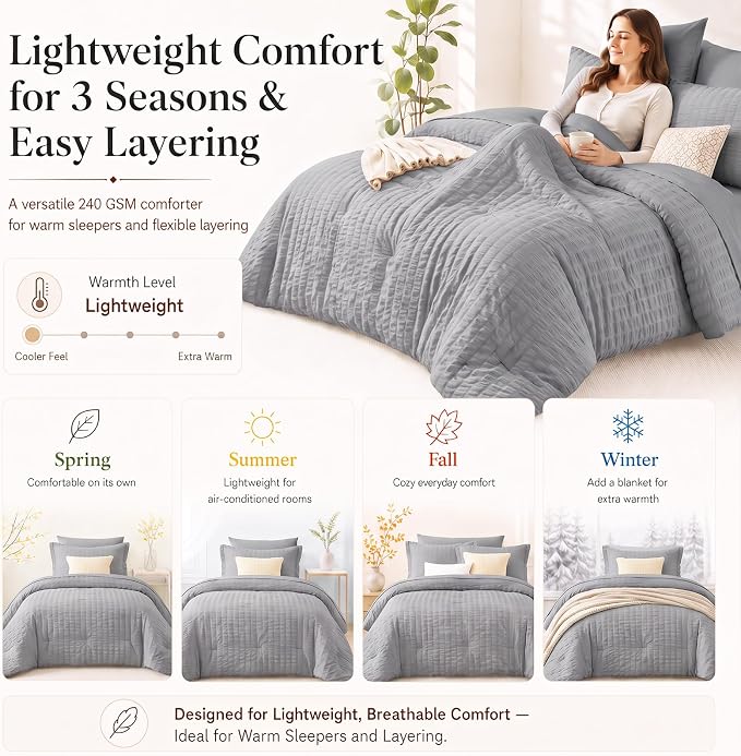 Full Size Comforter Sets, 7 Pieces Grey Seersucker Bed in a Bag | OEKO-TEX Certified, All Season Bedding Set with 240 GSM Down Alternative Comforter, Flat & Fitted Sheets, Pillowcases & Shams