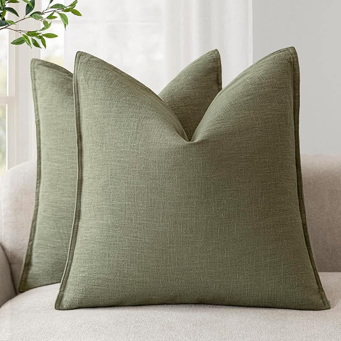 Foindtower Linen Decorative Throw Pillow Covers 16x16 Olive Branch Green | Pack of 2 Boho Farmhouse Morden Pillowcase,Accent Neutral Cushion Covers,Home Decor for Chair Couch Sofa Bedroom Living Room