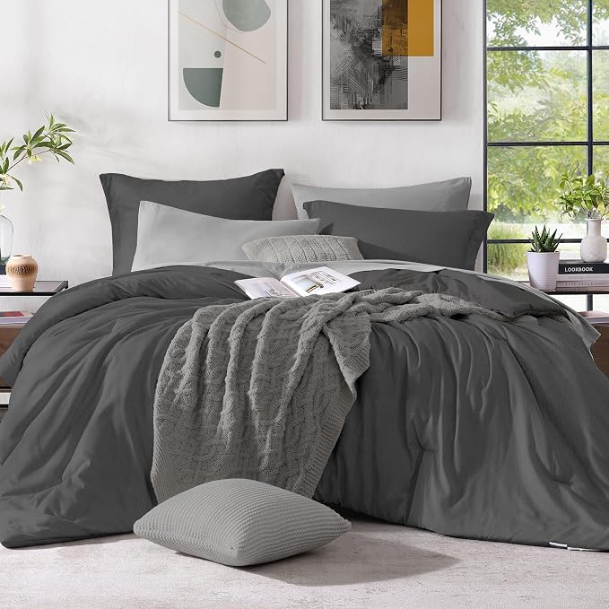 Monbix Full Size Comforter Set 7 Pieces Dark Grey Bed in a Bag | Cationic Dyeing Reversible All Season Bedding Sets with Comforter, Sheets, Pillowcases & Shams
