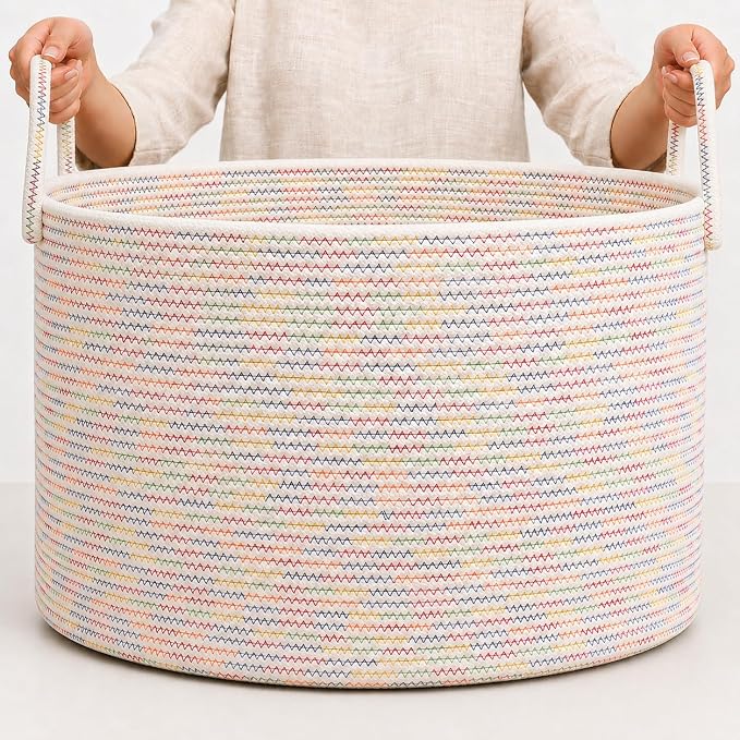 OrganiHaus Round Toy Basket & Blanket Basket, Cotton Rope 20x13" | Stitches Rainbow - Round Cotton Rope Basket, 20x13"
