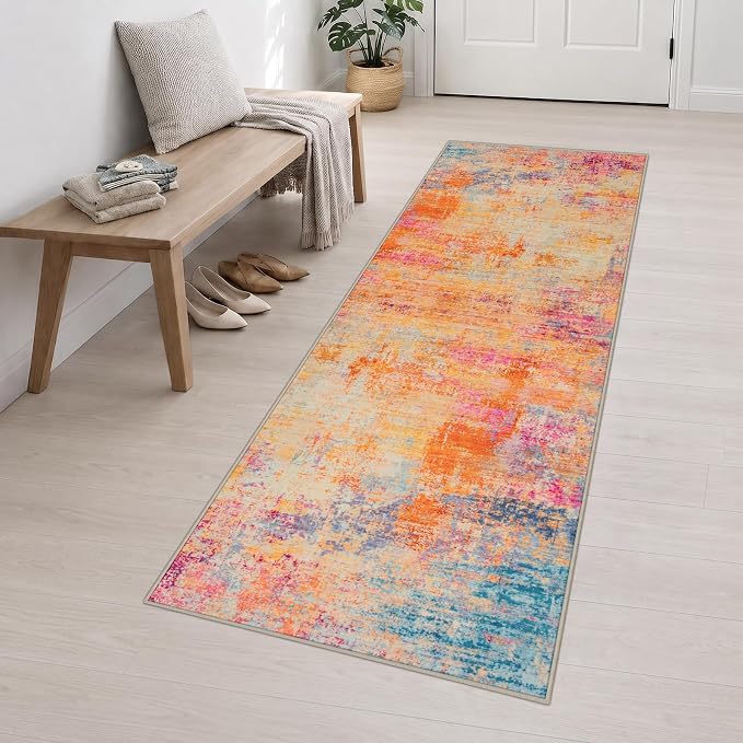 2.6x10 Washable Runner Rug:Modern Abstract Soft Carpet Galaxy Haze | For Hallway, Bedroom, Kitchen, Laundry, Bathroom,Door Mat,Modern Abstract,Machine washable,Non-Slip,Stain Resistant,Indoor