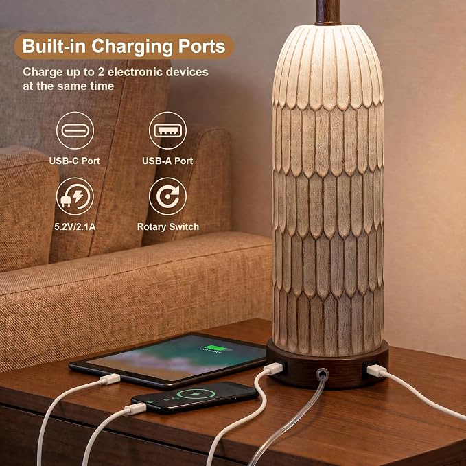 OYEARS 22" Bedside Table Lamps Set of 2, Farmhouse Lamp with USB,Dark Brown | Vintage Nightstand Lamp for Bedroom, Retro Design, Home decor for living Room, Nursery, Home Office, End Side table, Hallway