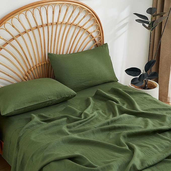 100% Linen Sheets Set King Size, Natural Pure Flax 4 Piece Bed Sets, 16" Deep Pocket, Breathable Cooling Bed Soft Durable Bedding, Machine Washable (Mossy Green,King)