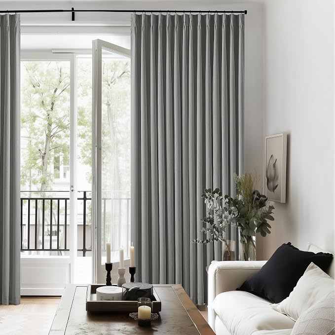 Charcoal Grey Pinch Pleated 100% Blackout Linen 96 Inch Bedroom Curtains | Double Layer Curtains, Pleat with Ring Hooks Back Tab, Black Out Room Darkening Drapes, for Living Room, 40x96 2 Panels Set