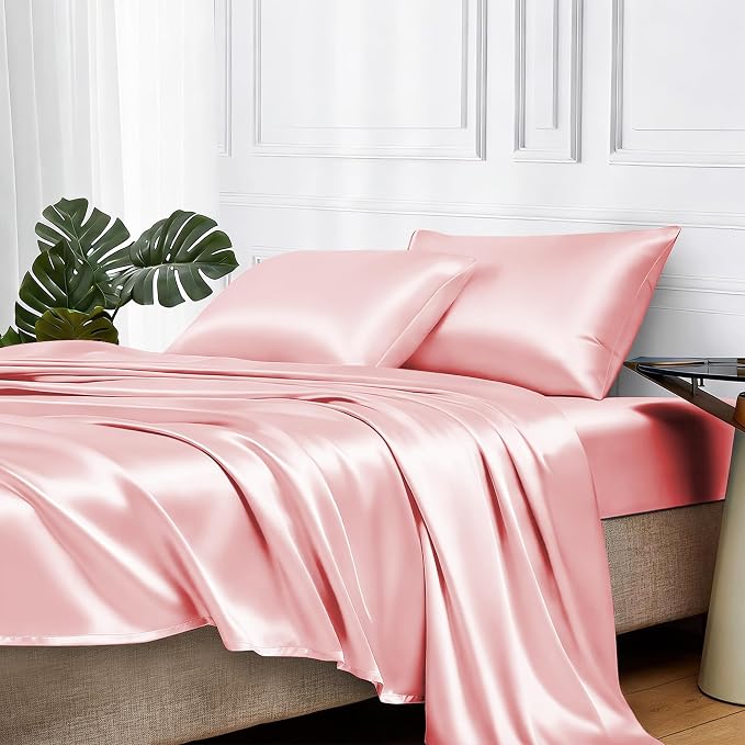 MR&HM Satin Sheets Full Size with Elastic Corner Straps, Light Pink | Similar to Silk, 4-Piece Silky Soft Bed Sheet Set, Gentle on Skin and Hair, 15" Deep Pocket, Cooling & Breathable