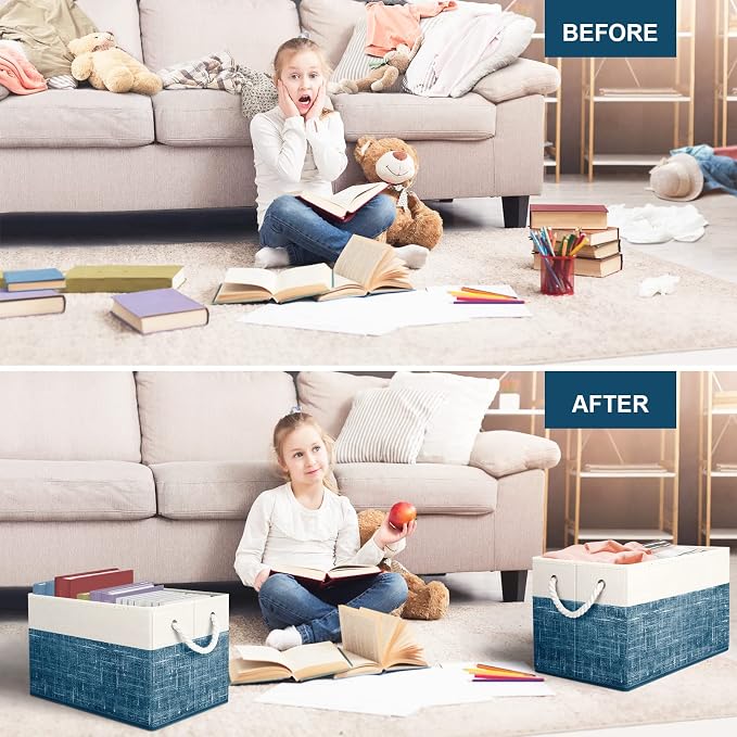 Storage Bins 2-Pack, Foldable Storage Baskets for Organizing Toys, Books, Shelves, Closet, Large Storage Box with Rope Handles, Sturdy Organizer Bins, White & Blue