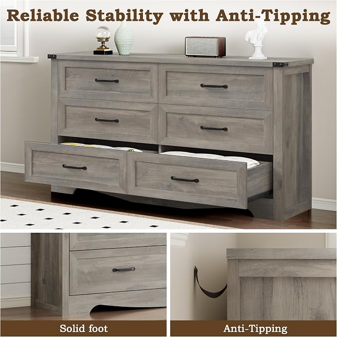 BORNOON 6-Drawer Dresser for Bedroom, Modern Wooden Chest of Drawers with Metal Handles, Anti-Tipping Design, Sturdy and Stable Storage Organizer for Living Room, Entryway, Home Office
