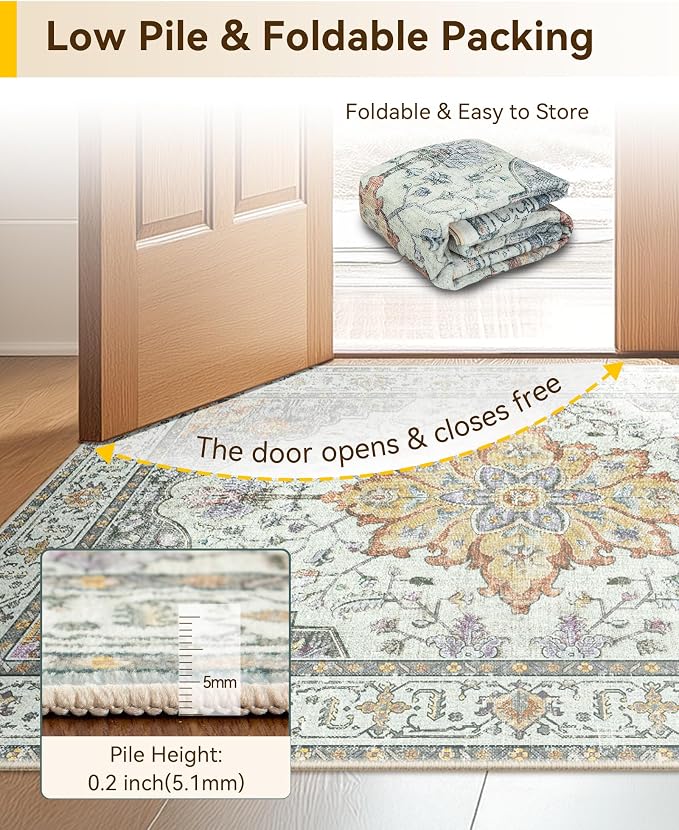 RELEANY Washable Area Rug, 6'x9', Beige/Carbon Grey/Orange | Non-Slip, Water Repellent, Pet Friendly, Easy to Clean, Vintage Floral Boho Decor for Living Room Bedroom Dining Room Office