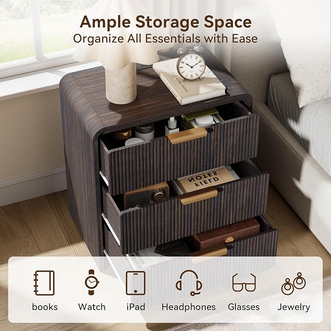 24" 3 Drawers Fluted Nightstand, Black Walnut | 3 Drawers Bedside Table, Metal Handles & Charging Station, Curved Profile End Table for Bedroom