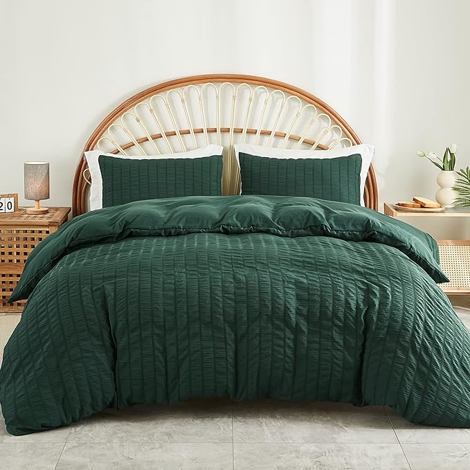 AveLom Dark Green Seersucker Duvet Cover Set Full Size (80 x 90 inches), 3 Pieces (1 Duvet Cover + 2 Pillow Cases), Ultra Soft Washed Microfiber, Textured Duvet Cover with Zipper Closure, Corner Ties