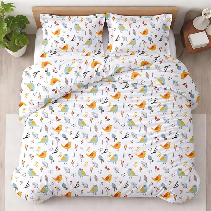 3 Pc Queen Size Duvet Cover Set- 100% Egyptian Cotton 600 Thread Count Ultra Soft Premium Durable Comforter Cover Zipper Closure & Corner Ties (Forest Birds,Queen/Full 90" X 90")