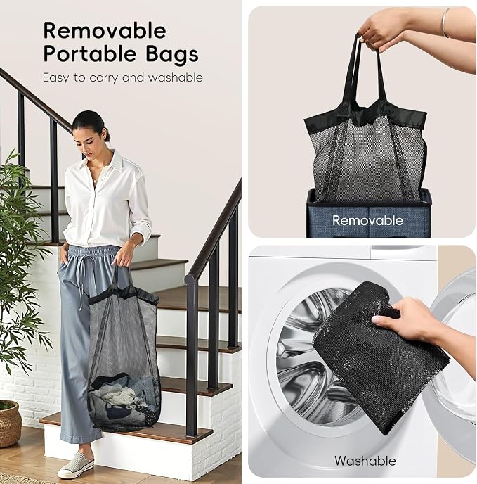 100L Laundry Hamper with Lid, Large Clothes Hampers with Removable Bag, Collapsible Laundry Basket for Bathroom, Bedroom, Laundry Room, Dorm, Navy Blue
