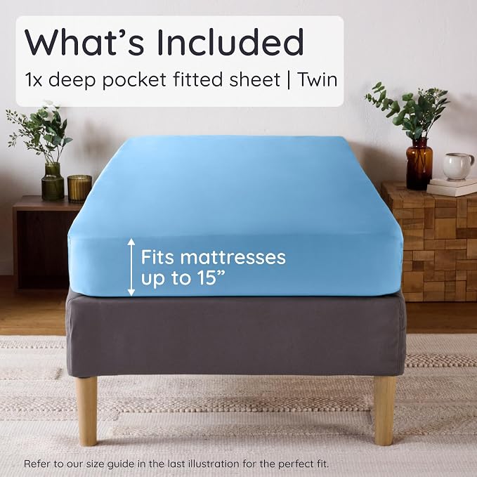 Bambaw 100% Viscose Derived from Bamboo Fitted Sheet Twin Size, Twin Mattress Fitted Sheet Only, Cooling Fitted Sheet Twin Size, 15’’ Deep Pocket Blue Twin Fitted Sheet, Soft Fitted Sheet (Dream Blue)