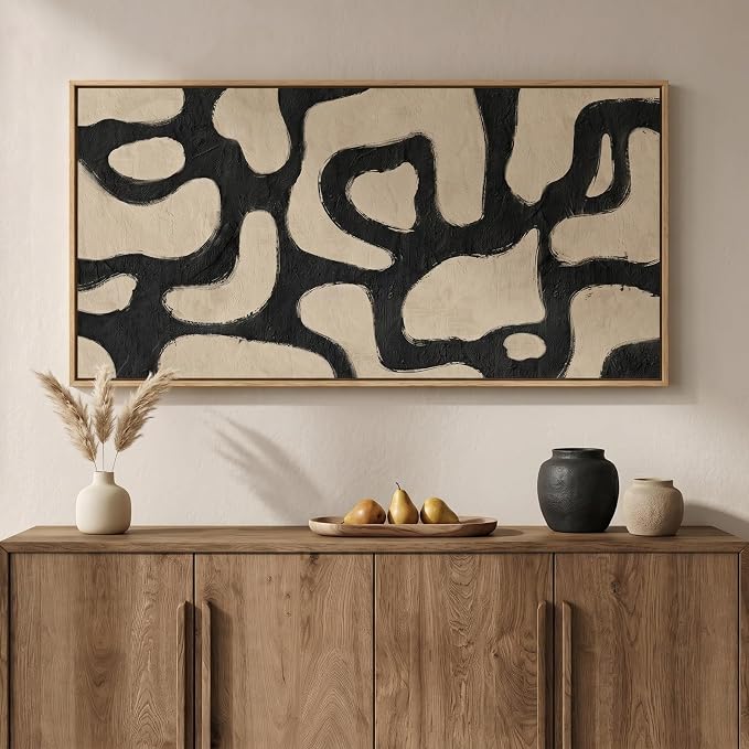 Large Framed Modern Abstract Horizontal Wall Art for Living Room, 60x30 In | Extra Large, Black and beige, Modern, Minimalist, Canvas artwork, Dining room decor, Bedroom art, Office decor, Ready to hang