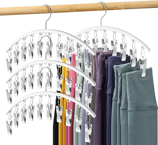 Legging Organizer for Closet, Metal Yoga Pants Hanger w/Rubber Coated 4 Pack w/10 Clips Hold 40 Leggings, Hangers Space Saving Hanging Closet Organizer for Closet Organizers and Storage-White