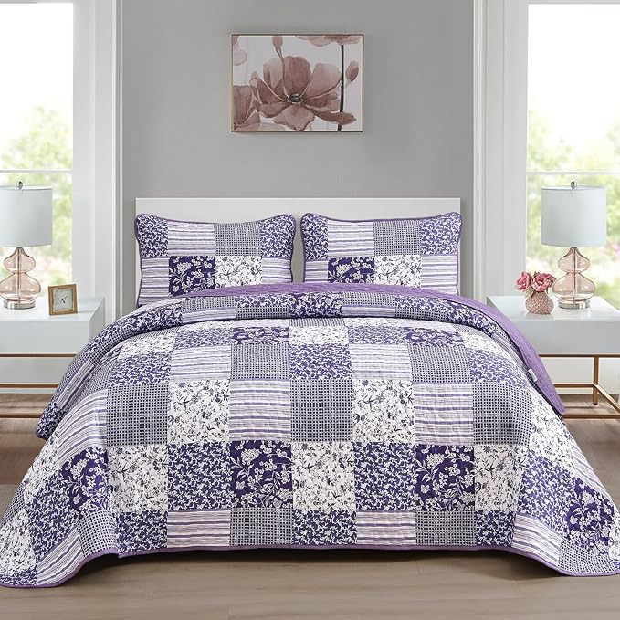 Mybedsoul Boho Quilts Queen Size, Patchwork Reversible Bedding Set, Purple | Soft Lightweight Microfiber Floral Coverlet Set, 3 Pieces Plaid Reversible Bedspread, Bed Sets for All Seasons 90"x96"