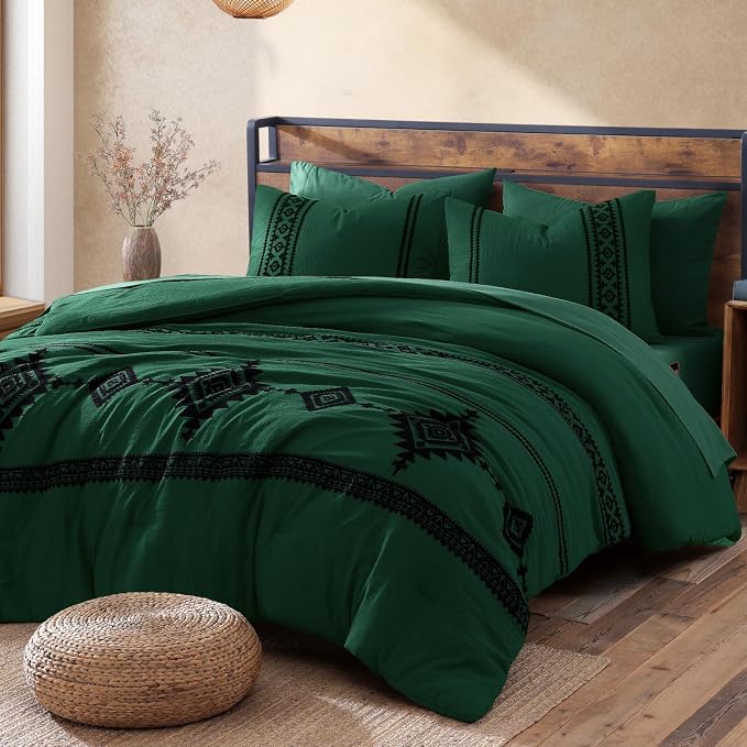 MaiRêve Embroidery King Size Comforter Set 7 Pieces Western Bed in a Bag | Emerald Green Boho Farmhouse Bedding Sets with Comforter, Sheets, Pillowcases & Shams