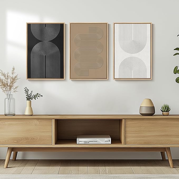 Framed Black and White Neutral Abstract Wall Art set, 3 Piece Cnavas Prints | Black White Brown Paintings, Modern Artwork for Walls, Minimalist Pictures, Living Room Bedroom Office Wall Decor 16x24 Inch