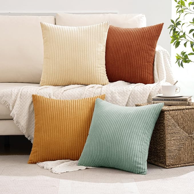 MIULEE Soft Corduroy Decorative Throw Pillow Covers Teal-Rust 18x18 | Set of 4, Mordern Rustic Home Decor, Retro Vintage Set, Boho Farmhouse Cushion Covers for Couch Bed Sofa Living Room
