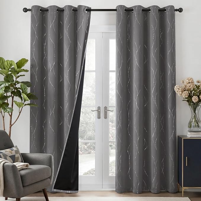 Deconovo 100% Blackout Living Room Curtains 84 Inches Long, Black Backing | Silver Line Foil Pattern Drapes, Thermal Insulated, Room Darkening, Grommet, 2 Panels Set, Light Grey, 52 x 84 Inch