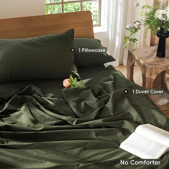 MooMee Duvet Cover Set 100% Washed Cotton Linen Like Twin | Relaxed Linen-like Texture. Soft, Breathable & Long-lasting Comfort. Lightweight. Hidden Zipper with 8 Interior Corner Ties