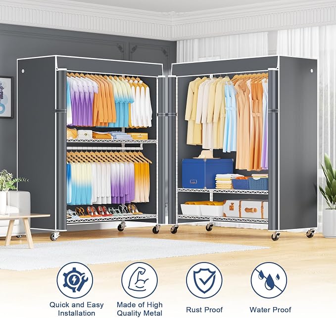 P8C Max Heavy Duty Clothes Rack（With Extended Width Design） Rolling Clothing Racks for Hanging Clothes with Lockable Wheels，51.2" W x 15.8" D x 80.5" H，Load 800LBS，White Rack with Grey Cover