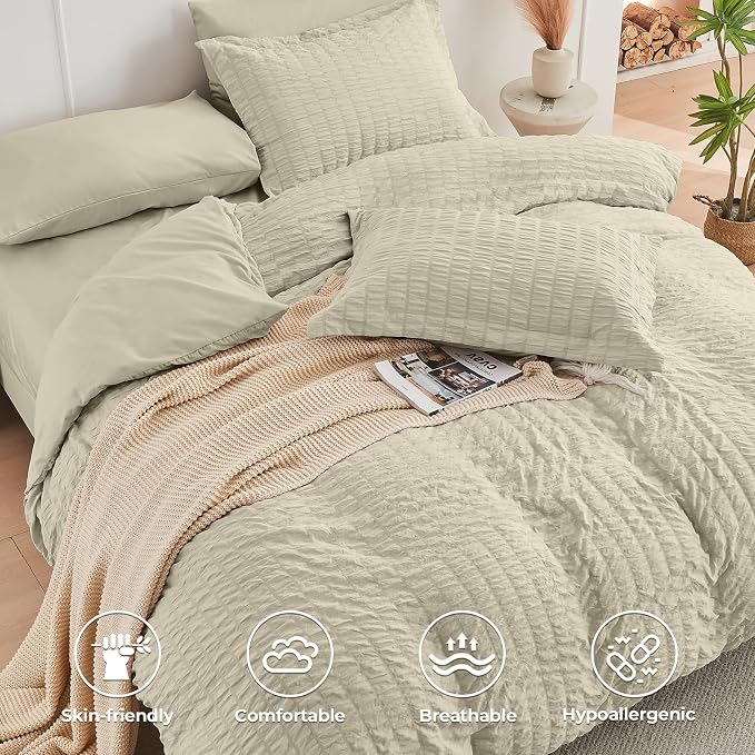 HYMOKEGE Light Linen Twin Comforter Set Seersucker 5 Pieces, All Season Luxury Bed in a Bag for Bedroom, Bedding Set with Comforter, Sheets, Pillowcase & Sham