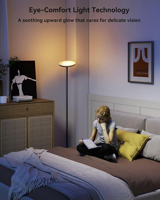LED Torchiere Floor Lamp with Remote, Stepless Dimmable Standing Lamp | Super bright uplight fills ceilings and dark corners for living rooms, bedrooms, home offices, reading nooks and apartments
