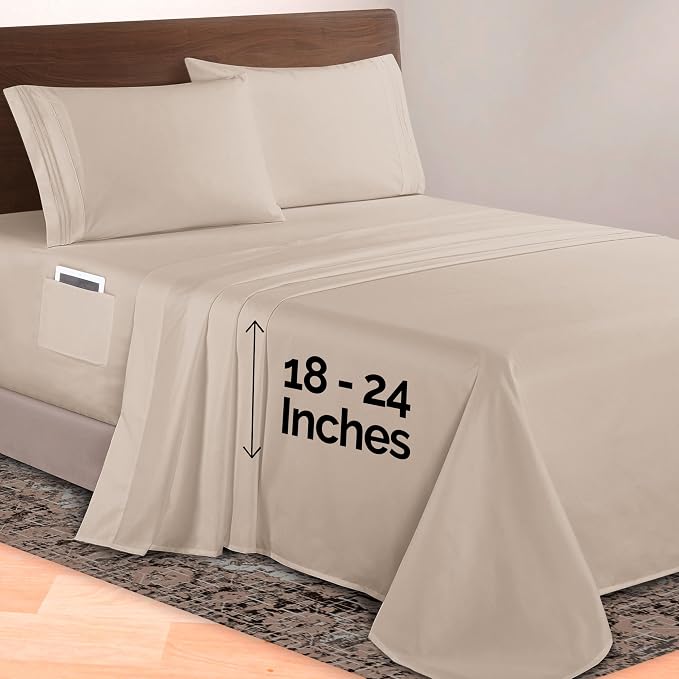 Elegant Comfort Luxurious 1500 Premium Hotel Quality Microfiber 4-Piece Sheet Set, 18-24 Inches Deep - Extra Deep Pocket Sheets - Ultra Soft 4PC Deep Pocket Sheets, Queen, Cream