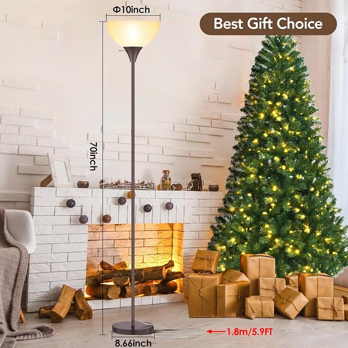 Coucrek Floor Lamp, LED Standing Lamps with White Plastic Shade, Corner Floor Lights for Living Room Bedroom, Rotary Switch, Bulb not Included, Brown