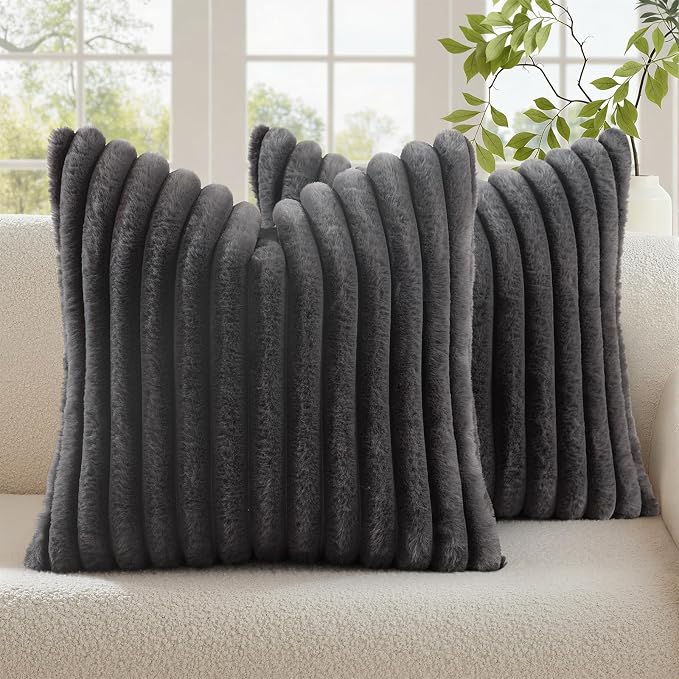 decorUhome Fall Faux Fur Throw Pillow Covers 26x26 Set of 2 Dark Grey | Decorative Soft Cozy Striped Plush Modern Farmhouse Boho Couch Pillow Cases Velvet Back for Sofa Bed Living Room Home Decor