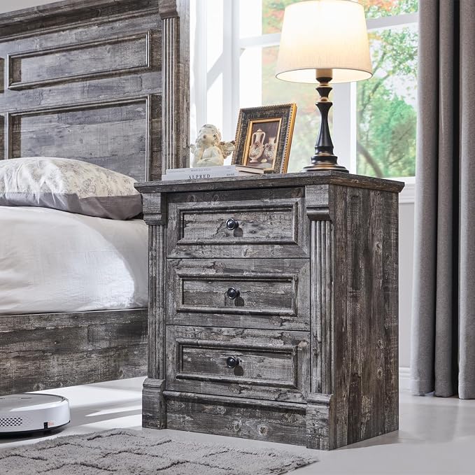 Aitjunz 26" Tall Nightstand w/Charging Station, 3 Drawers, Light Grey | Farmhouse 23.6" Wide Large End Table w/Roman Column, Wood Rustic Side Table w/Metal Handle for Bedroom, Living Room