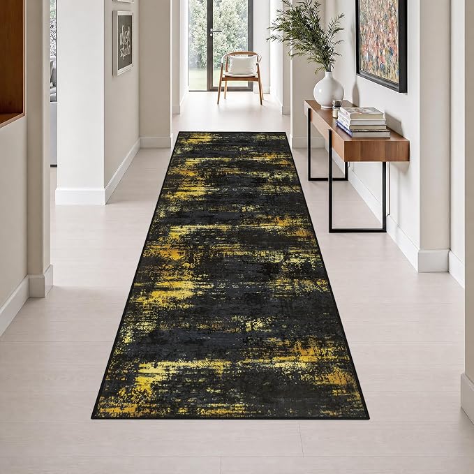 3x10 Washable Runner Rug：Modern Abstract Soft Carpet Black Gold | For Hallway, Bedroom, Kitchen, Laundry, Bathroom,Door Mat,Modern Abstract,Machine washable,Non-Slip,Stain Resistant,Indoor