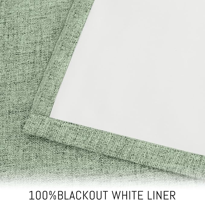 Yakamok 96 Inch Light Sage Green Linen Texture Curtains for Living Room | 100% Blackout Curtains,Room Darkening Curtains,Thermal Grommet Bedroom Curtain 2 Panels with Greyish White Liner,52W x 96L