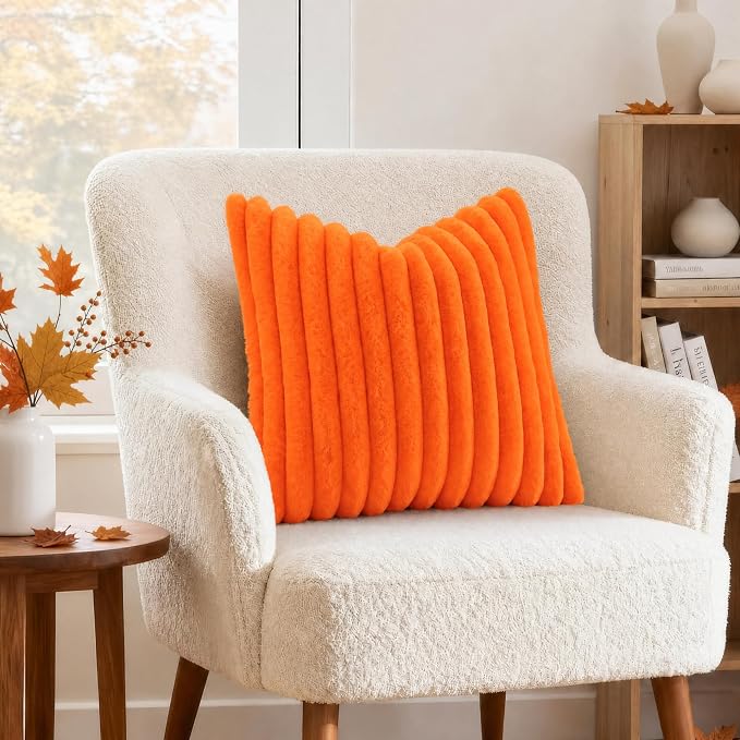decorUhome Fall Faux Fur Throw Pillow Covers 12x20 Set of 2 Orange | Decorative Soft Cozy Striped Plush Modern Farmhouse Boho Couch Pillow Cases Velvet Back for Sofa Bed Living Room Home Decor