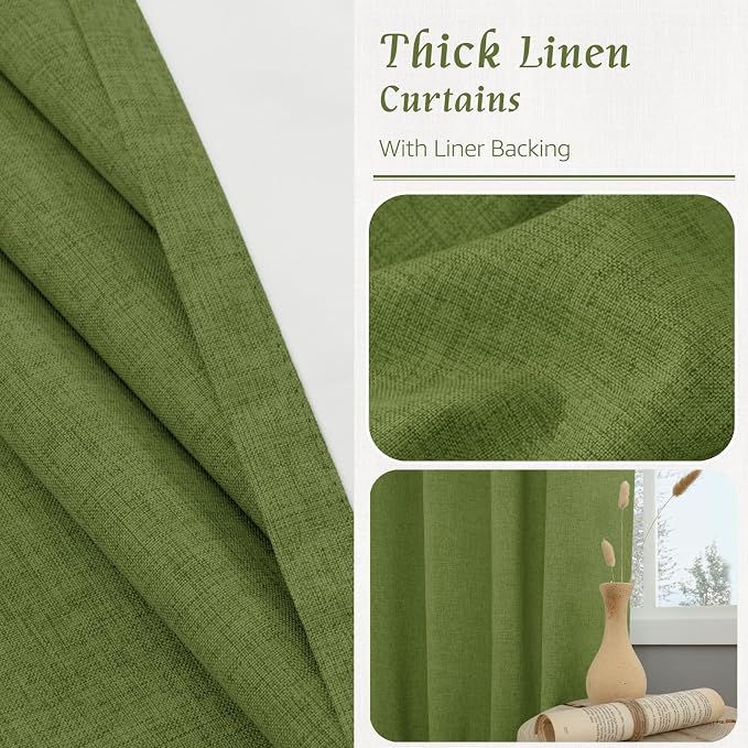Full Blackout Linen Bedroom Curtains 54 Inch for Small Window | Sage Green, Thermal Drapes,Linen Textured, Privacy Protected, Rod Pocket Back Tab Panels, White Liner, 2 Panels, 52 x 54 Inch