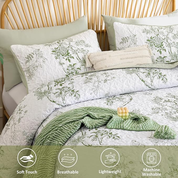 WONGS BEDDING Floral Quilt Set Queen, 3 Pcs Sage Green Bedspreads Coverlets | Spring Summer Floral Farmhouse Bedspread with 2 Shams,Soft Microfiber Lightweight Coverlet for All Season 96"×90"