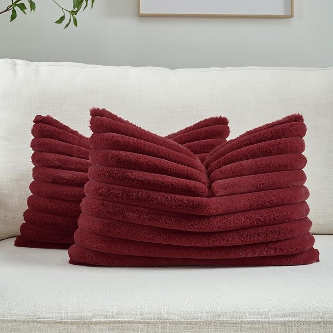 FUTEI Pack of 2 Faux Fur Throw Pillow Covers 12x20 Inch, Burgundy | Fluffy Faux Rabbit Fur Front/Premium Velvet Back,Hidden Zipper,Machine Washable,Non-Shedding,Colorfast,Insert Not Included.