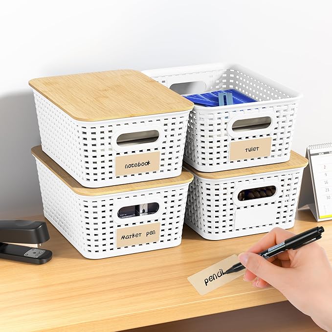6 Pack Plastic Storage Baskets,White bamboo lid storage Box | Labels, Stackable, For Organizing Shelves Pantry Drawers Desktop Closets Organizing Desktop Closet Playroom Classroom