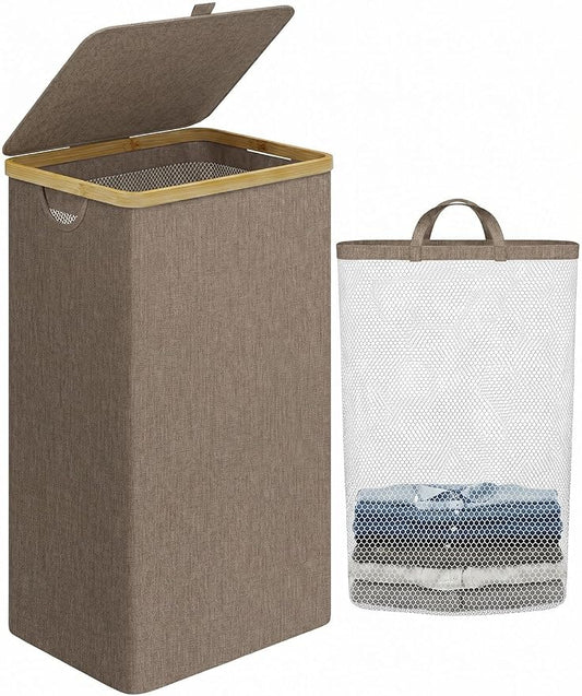 IEGrow Laundry Hamper with Lid,110L Laundry Basket with Mesh Bags,Brown | Dirty Clothes Hamper Basket with Bamboo Handle for Clothes Towels