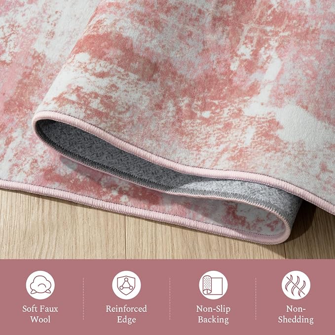 Rugflix 8x10 Area Rugs for Living Room, Washable Pink White Large Rug | Machine Washable; Stain-Resistant; Low Pile; Non-Slip; Modern Abstract; Carpet for Bedroom Dining Office Nursery Home