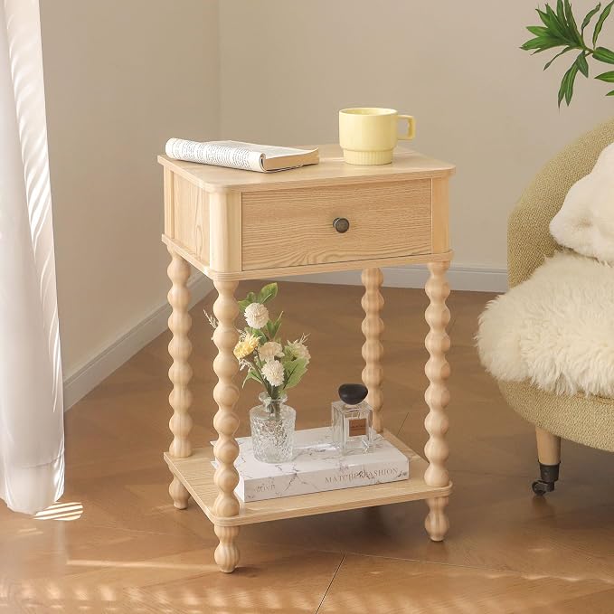 AWASEN Night Stand, Small End Table with Storage for Living Room, Farmhouse Bedside Side Table with Spindle Wood Legs for Bedroom, Office, Natural