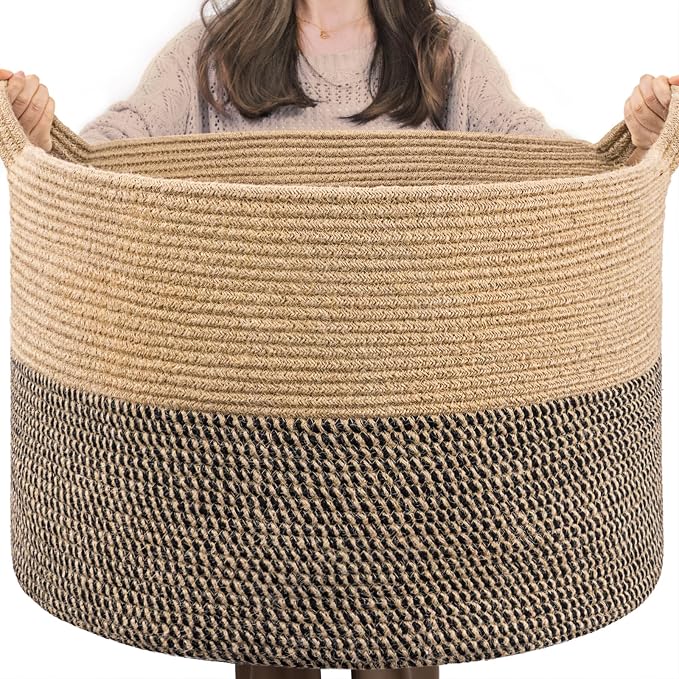INDRESSME XXXLarge Woven Wicker Blanket Basket Living Room Black Jute, 90L | Wicker baskets for organizing shoe, dog toys & pillows. For living room bedroom or nursery decor. soft-touch with handles
